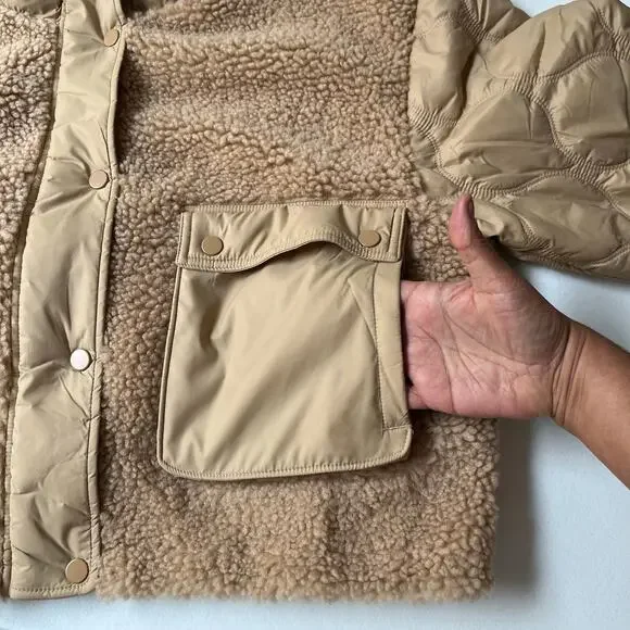 Athleta Fleece Hybrid Jacket Women's Large Tan Neutral Bomber Sherpa Quilted NEW - Picture 12 of 14
